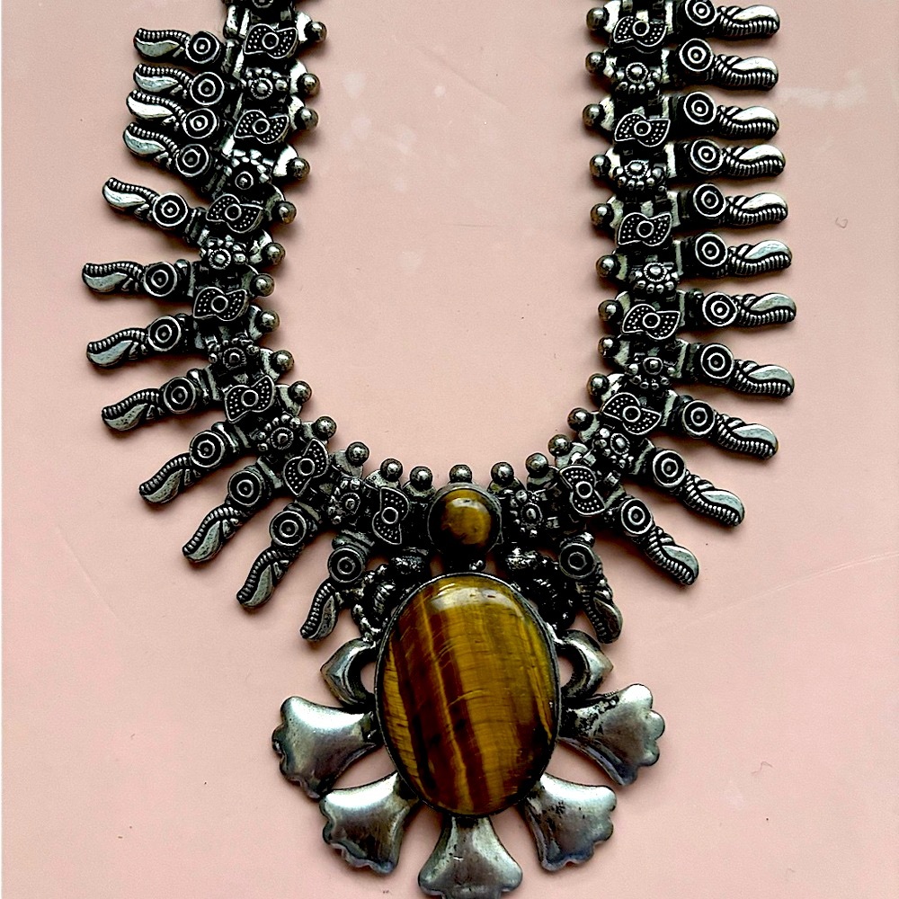 Silver and Brown Necklace with Fringe and Pendant